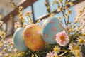 Happy easter humorous card Eggs Easter egg lights Basket. White aquamarine Bunny Arrangement. Easter bunny background wallpaper Royalty Free Stock Photo