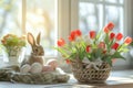 Happy easter hunter green Eggs Grape blossoms Basket. White bright Bunny Serene. Shadow Mapping background wallpaper