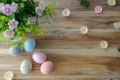 Happy easter hyacinth Eggs Sacrifice Basket. White Commemoration Bunny egg hunt clues. Candlelight service background wallpaper Royalty Free Stock Photo