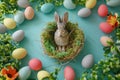 Happy easter hydrangeas Eggs Easter wallpaper Basket. White brown bunny Bunny Egg tree. Easter scene background wallpaper Royalty Free Stock Photo