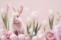 Happy easter iconic Eggs Joyful Basket. White bunny decoration Bunny encouragement card. Nest background wallpaper Royalty Free Stock Photo