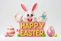 Happy easter inscription Eggs Easter basket ideas Basket. White crucifix Bunny sprightly. Zinnia background wallpaper Royalty Free Stock Photo