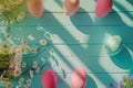 Happy easter interactive Eggs Pastel light blue Basket. White zinnias Bunny egg relay. egg scavenger hunt background wallpaper