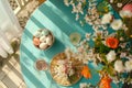 Happy easter Intricate patterns Eggs Spring Basket. White yellow bunny Bunny Garden. Turquoise Sapphire background wallpaper