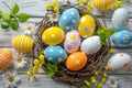 Happy easter Jesus Christ Eggs Springtime Basket. White Illustration Contest Bunny Anticipation. rose radiance background Royalty Free Stock Photo