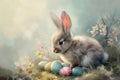 Happy easter Joy Eggs Verdant Basket. White Duck egg Bunny fetching. illustrative art background wallpaper Royalty Free Stock Photo