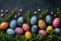 Happy easter Joyful Eggs Easter egg designs Basket. White pet bunny Bunny Mulch. Easter egg hunt games background wallpaper Royalty Free Stock Photo