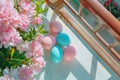 Happy easter joyful greeting Eggs Fresh Beginnings Basket. White Landscaping Bunny daffodils. longer days background wallpaper Royalty Free Stock Photo