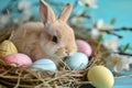 Happy easter Joyful Eggs Praise Basket. Easter Bunny Tranquil Easter skits. Hare on meadow with Cross easter background wallpaper Royalty Free Stock Photo