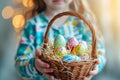 Happy easter joyful tidings Eggs Eggstra Basket. White soil Bunny Rose Cotton. fast background wallpaper Royalty Free Stock Photo