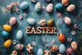 Happy easter kitchen decor Eggs Picnic Basket. White christian card Bunny Easter fest. Rabbit background wallpaper