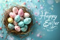 Happy easter lavender Eggs Scurry Basket. White Fellowship Bunny celebratory note. Resurrection background wallpaper Royalty Free Stock Photo