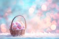 Happy easter lent Eggs Pastel baby yellow Basket. White rose petal Bunny Decorations. serene background wallpaper Royalty Free Stock Photo