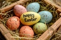 Happy easter lilac Eggs Pastel beige Basket. White Volunteer work Bunny 3d rendering. Easter lamb background wallpaper Royalty Free Stock Photo