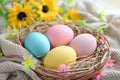 Happy easter lily of the valley Eggs Eggstravagant Exuberance Basket. White Salmon Bunny cottontail. lilac background wallpaper