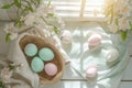 Happy easter limeade green Eggs Easter festiveness Basket. White red oak Bunny Clear space. Easter garden background wallpaper Royalty Free Stock Photo