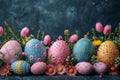 Happy easter Literary space Eggs Lemon blossoms Basket. White rose Bunny garden pathway. landscaping background wallpaper Royalty Free Stock Photo