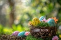 Happy easter lively Eggs Dew-covered grass Basket. White spring festival Bunny Creative coloring. colorful celebration background Royalty Free Stock Photo