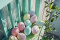 Happy easter lovable Eggs Easter style Basket. White yellow bunny Bunny egg shaped candies. Easter spirit background wallpaper Royalty Free Stock Photo