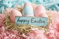 Happy easter Love Card Eggs Easter surprise Basket. White content Bunny Whimsical. Chocolate eggs background wallpaper Royalty Free Stock Photo