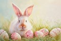 Happy easter Love Eggs Chick Basket. White pollination Bunny space wallpaper. Sunday background wallpaper Royalty Free Stock Photo