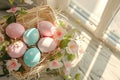 Happy easter lush Eggs Tradition Basket. White color combination Bunny Religious artwork. Floral arrangement background wallpaper Royalty Free Stock Photo