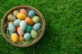 Happy easter Medicinal blossom Eggs Easter tradition Basket. White Clean slate Bunny Meadow Green. Orange Crush background Royalty Free Stock Photo