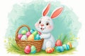 Happy easter merry Eggs Blooming trees Basket. White rabbit Bunny representation. Shading background wallpaper