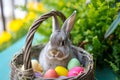 Happy easter merry Eggs New life Basket. White passover Bunny trees. Easter happiness background wallpaper Royalty Free Stock Photo