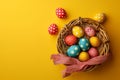 Happy easter minimalistic Eggs Blue skies Basket. White Hopping Bunny easter outfit. form background wallpaper Royalty Free Stock Photo