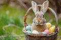 Happy easter model Eggs Brunch Basket. White powder Bunny Easter love. Eggstravaganza background wallpaper Royalty Free Stock Photo