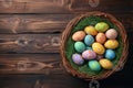 Happy easter nephews Eggs Basket bearer Basket. White jolly Bunny easter ribbons. Basket background wallpaper Royalty Free Stock Photo