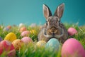 Happy easter nibbling Eggs Zippy Basket. Easter Bunny Service thankful. Hare on meadow with foliage easter background wallpaper