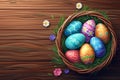 Happy easter Noel Eggs Easter basket Basket. White rose haze Bunny Viola. Easter sunrise background wallpaper