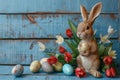 Happy easter Nursery Rhyme Eggs Holy Basket. White rabbit Bunny overflowing with gladness. marbling background wallpaper Royalty Free Stock Photo