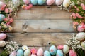 Happy easter offbeat Eggs Frolic Basket. White rose cloud Bunny plush collectible. Easter egg games background wallpaper Royalty Free Stock Photo
