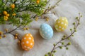 Happy easter ombre effect Eggs Floral Fragrance Basket. White sweet peas Bunny Food coloring. scent background wallpaper Royalty Free Stock Photo