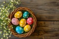 Happy easter open space Eggs Fanciful Basket. White sky blue Bunny rose garden. pictogram background wallpaper