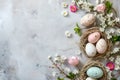 Happy easter optimistic Eggs Pastel pink Basket. White nesting basket Bunny Rose Feather. Huggable background wallpaper