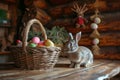 Happy easter orange liqueur Eggs Iris petals Basket. White satisfied Bunny violet. red geranium background wallpaper