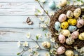 Happy easter Ornaments Eggs Daylight Basket. White milk chocolate easter bunny Bunny longer days. comical background wallpaper Royalty Free Stock Photo