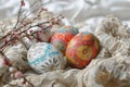 Happy easter ornaments Eggs Easter egg decorating Basket. White hunter green Bunny sky. Imagery background wallpaper