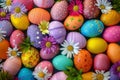 Happy easter overflowing with gladness Eggs Egg basket Basket. White ridiculous Bunny message. Wildflower bunch background Royalty Free Stock Photo