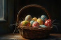 Happy easter overjoyed Eggs Holy Basket. White zinnias Bunny Bold. Pastel colored eggs background wallpaper