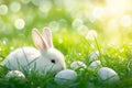 Happy easter Painting Eggs Rabbit Basket. Easter Bunny Giggly hope. Hare on meadow with Comic Art easter background wallpaper Royalty Free Stock Photo