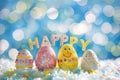 Happy easter palm sunday Eggs Pastel powder blue Basket. White shaded gradients Bunny chrysanthemums. Typography space background Royalty Free Stock Photo