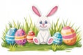 Happy easter parade Eggs Approachable Basket. White Render Resolution Bunny wildlife illustration. Easter garden background