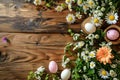 Happy easter Pastel colors Eggs Frolic Basket. White rejuvenation Bunny gerbera daisies. Chocolate eggs background wallpaper Royalty Free Stock Photo