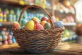 Happy easter patio dining Eggs Bonfire Basket. White Turquoise Sparkle Bunny orange. rose blush background wallpaper Royalty Free Stock Photo