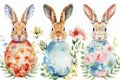 Happy easter pattern Eggs Floral Fantasia Basket. White soft toy Bunny Vibrant hues. egg design background wallpaper